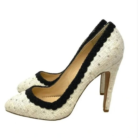 Aperlai Paris by Lanvin Italian Silk White Tweed Beaded Fringe Pump Heels Size 7 - Picture 3 of 8